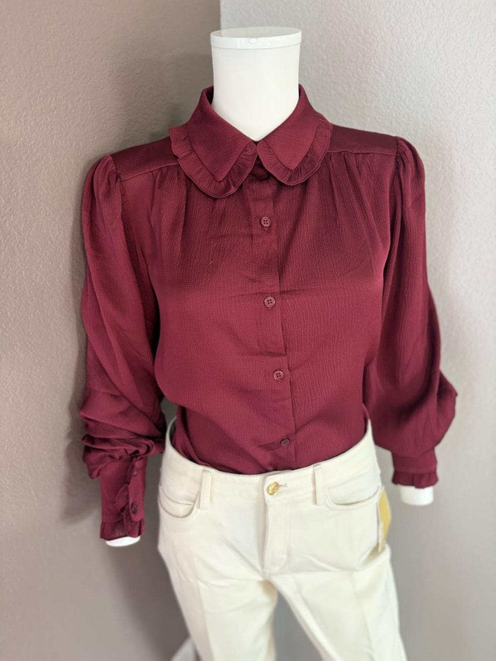 Max Studio Burgundy Ruffled Collar Button-Down Blouse